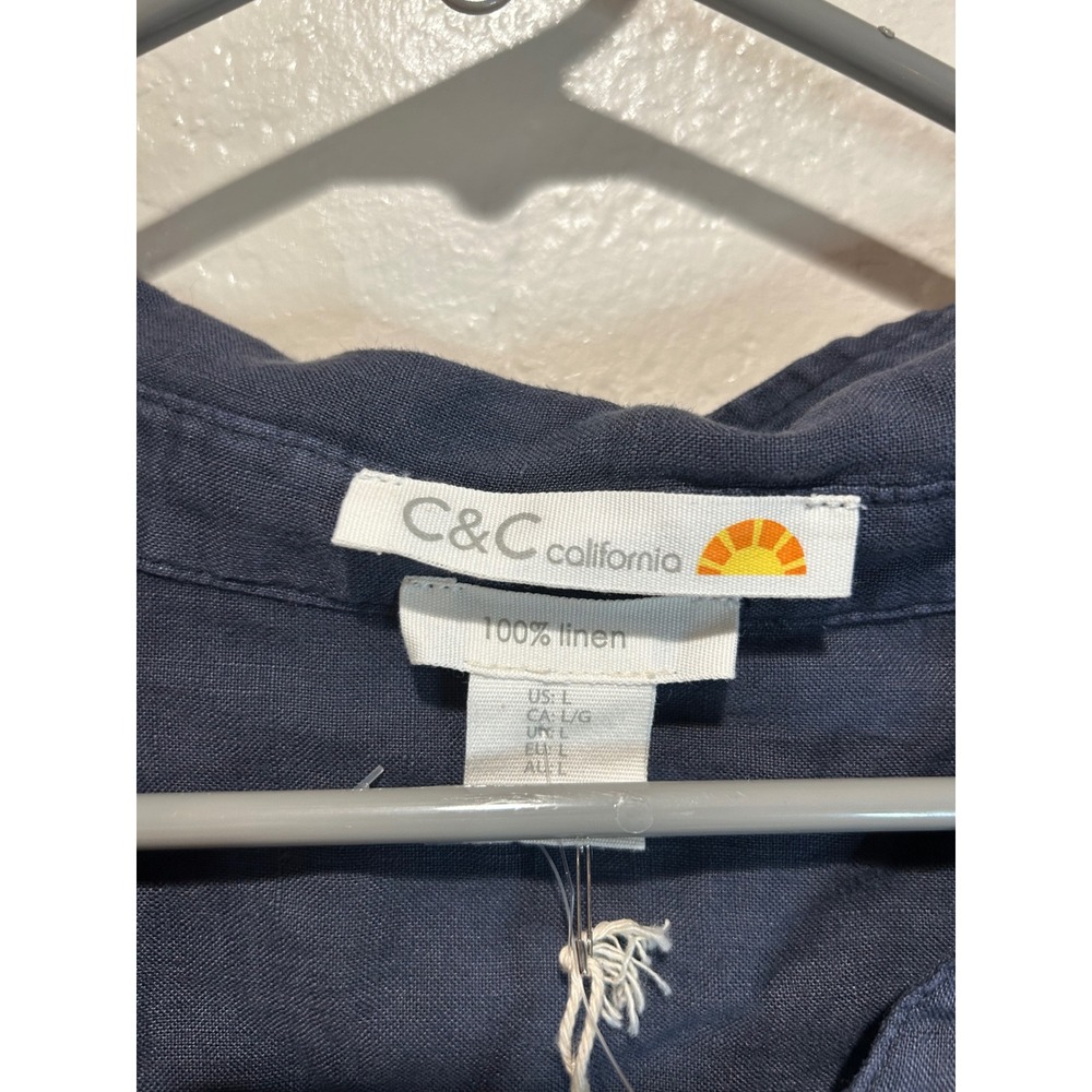 C&C California Womens 100% Linen Short Sleeve Button Down Shirt Navy Blue Large - Picture 4 of 4